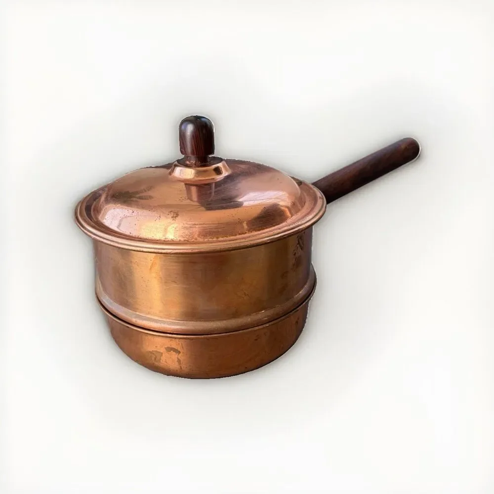 Vintage Bongusto Italy Copper Double Boiler Pan Pot Lid Wood Handle 1834 Patina